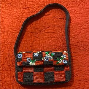 Anthropologie Red and Blue Beaded Mini Bag